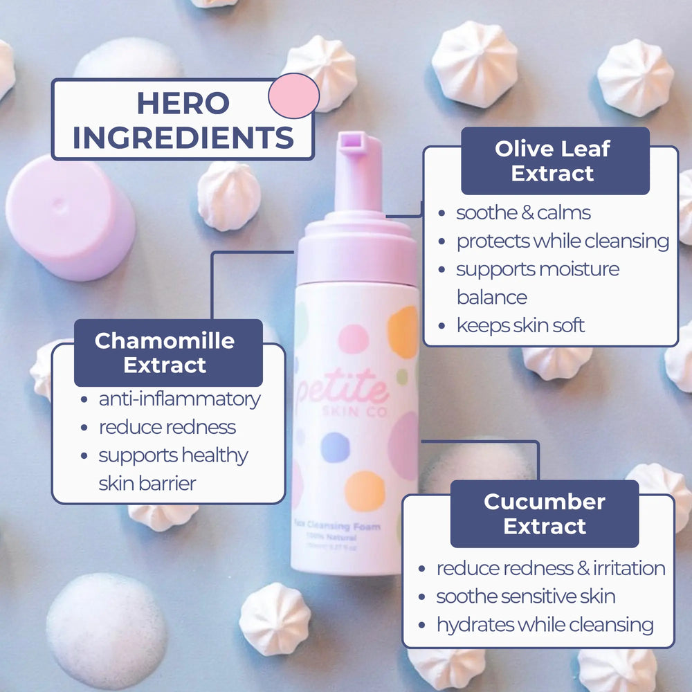 Daily Defence Skincare Kit with gentle face cleansing foam featuring chamomile, olive leaf, and cucumber extracts to soothe, reduce redness, and hydrate young skin. Australian made, natural, and designed for 7 to 14 year olds. Good Skin Habits Start Early.