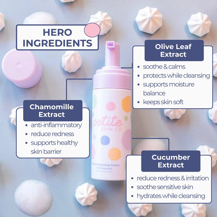 Daily Defence Skincare Kit with gentle face cleansing foam featuring chamomile, olive leaf, and cucumber extracts to soothe, reduce redness, and hydrate young skin. Australian made, natural, and designed for 7 to 14 year olds. Good Skin Habits Start Early.
