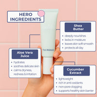 Hand holding a tube of Face Moisturiser from The Sleepover Essentials Kit by Petite Skin Co. surrounded by labeled ingredient highlights including Aloe Vera Juice, Shea Butter, and Cucumber Extract, emphasizing gentle Australian made skincare for 7 to 14 year olds with the tagline Good Skin Habits Start Early.