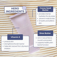 Tube of Body Cream on a light wooden surface, highlighting hero ingredients: Cocoa Seed Butter for hydration and softness, Shea Butter for nourishment and barrier support, and Vitamin E to protect and strengthen young skin. Australian made, natural, designed for the biology of 7 to 14 year old skin. Good Skin Habits Start Early.