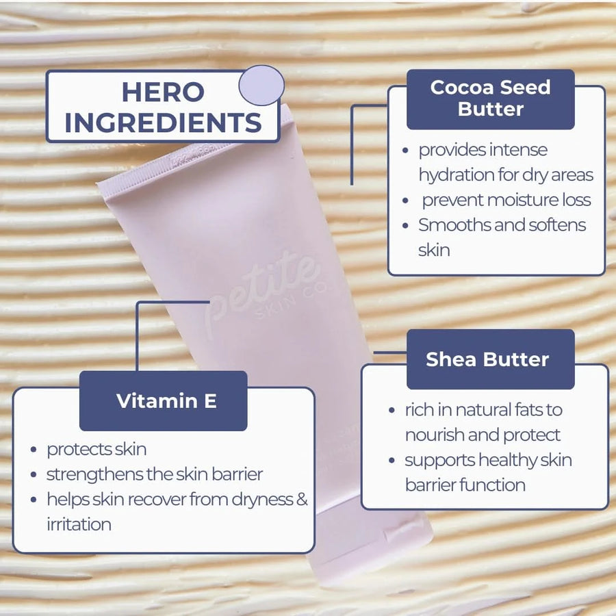 Tube of Body Cream on a light wooden surface, highlighting hero ingredients: Cocoa Seed Butter for hydration and softness, Shea Butter for nourishment and barrier support, and Vitamin E to protect and strengthen young skin. Australian made, natural, designed for the biology of 7 to 14 year old skin. Good Skin Habits Start Early.
