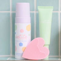 Daily Duo Kit | Confetti Collection by Petite Skin Co. featuring gentle face cleansing foam, moisturizer, and pink heart-shaped skin buffer, Australian made for young skin ages 7 to 14. Good Skin Habits Start Early.