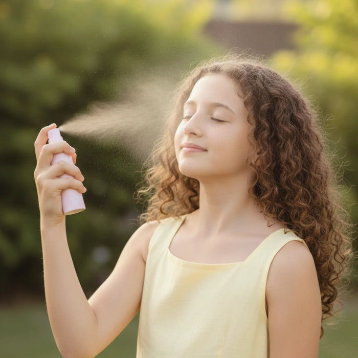 Young girl with curly hair outdoors using Hydra Balance Face Mist, a natural Australian made skincare product designed for the biology of 7 to 14 year old skin with the tagline Good Skin Habits Start Early.