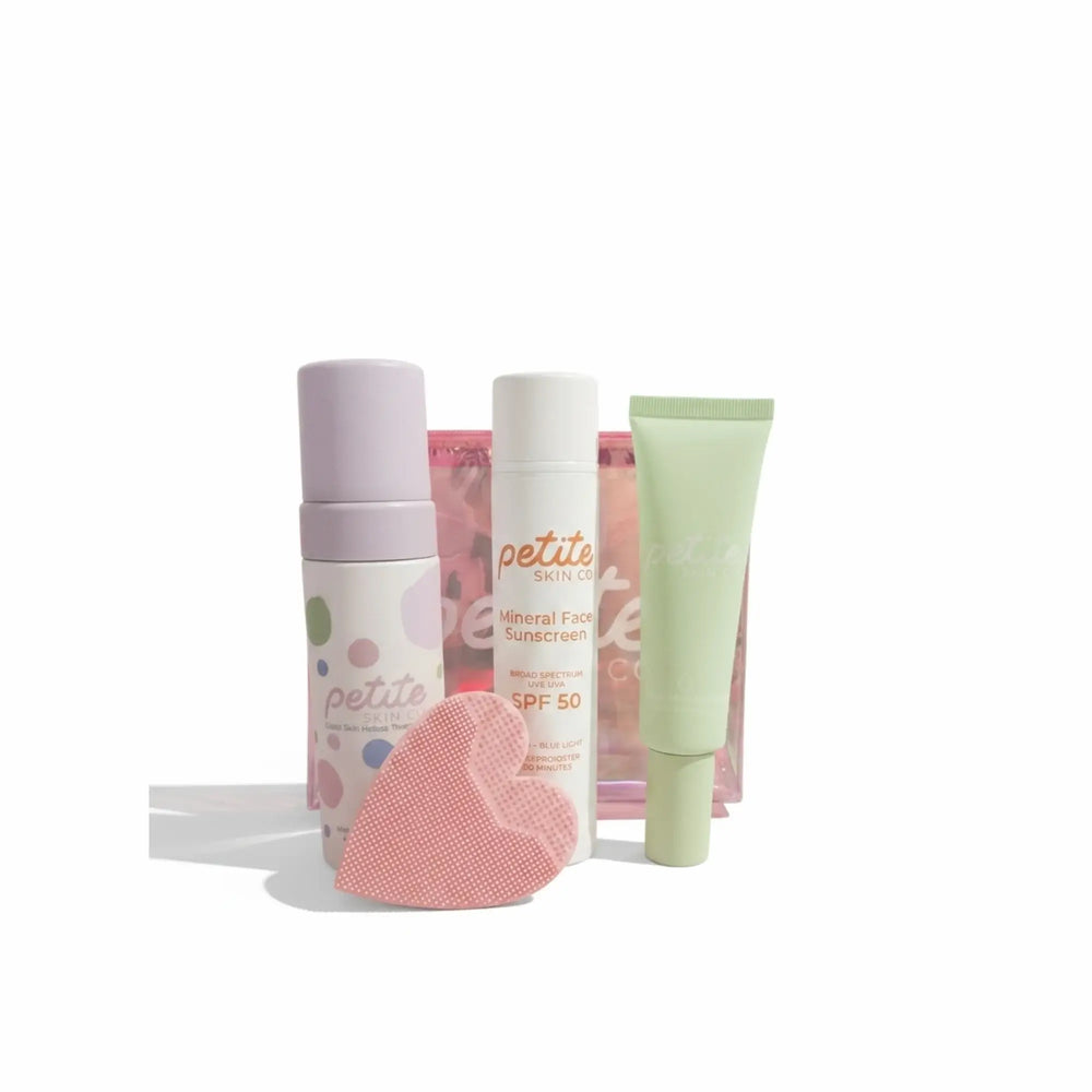 gentle face cleansing foam, moisturiser, and SPF50 sunscreen