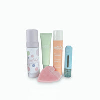Clear Skin Essentials | Confetti Collection with gentle face cleansing foam, moisturiser, SPF50 face sunscreen, and a pink silicone heart buffer, Australian made for 7 to 14 year olds. Good Skin Habits Start Early.