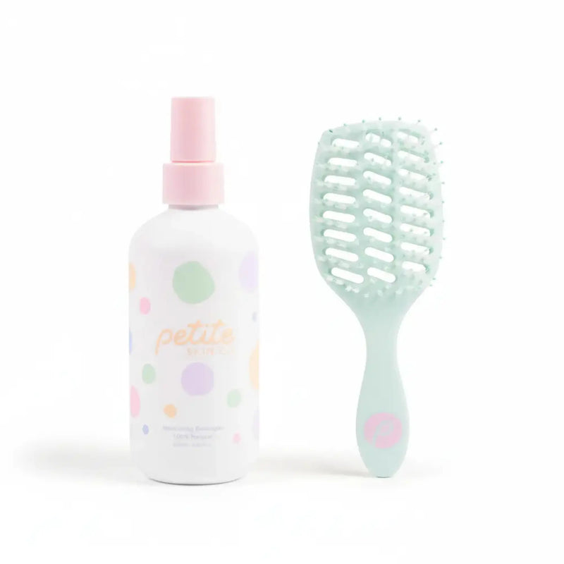 Tangle-Free Duo featuring a nourishing detangler spray in a pastel polka dot bottle and a dual-bristle brush, Australian made for gentle care of 7 to 14 year old hair. Good Skin Habits Start Early.