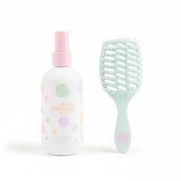 Tangle-Free Duo featuring a nourishing detangler spray in a pastel polka dot bottle and a dual-bristle brush, Australian made for gentle care of 7 to 14 year old hair. Good Skin Habits Start Early.