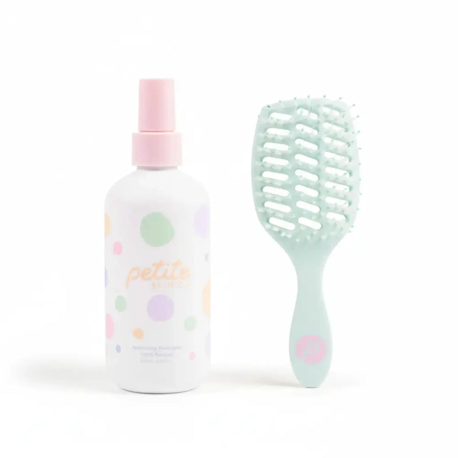 Tangle-Free Duo featuring a nourishing detangler spray in a pastel polka dot bottle and a dual-bristle brush, Australian made for gentle care of 7 to 14 year old hair. Good Skin Habits Start Early.