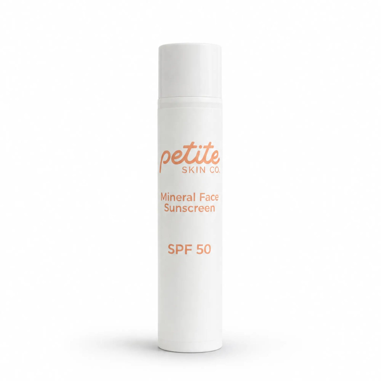 White cylindrical bottle of Petite Skin Co. Mineral Face Sunscreen SPF 50, part of the Clear Skin Essentials | Crosses Collection, Australian made for 7 to 14 year old skin with natural ingredients promoting good skin habits start early.