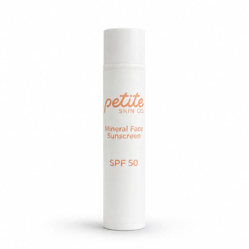 White cylindrical bottle of Petite Skin Co. Mineral Face Sunscreen SPF 50, part of the Clear Skin Essentials | Crosses Collection, Australian made for 7 to 14 year old skin with natural ingredients promoting good skin habits start early.
