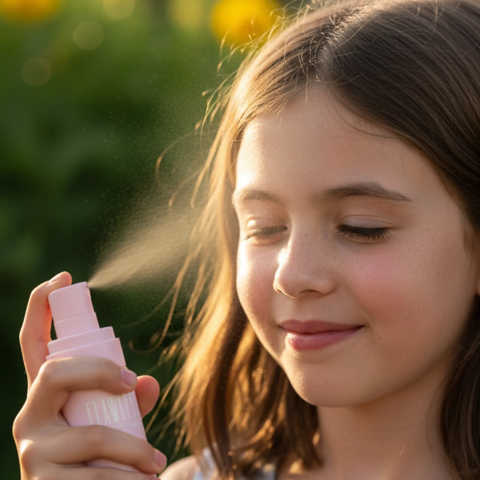 Young girl gently spraying Hydra Balance Face Mist on her face outdoors, highlighting Australian made, natural skincare designed for 7 to 14 year olds. Good Skin Habits Start Early.