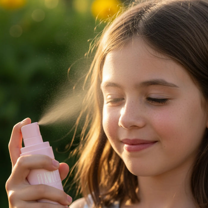Young girl gently spraying Hydra Balance Face Mist on her face outdoors, highlighting Australian made, natural skincare designed for 7 to 14 year olds. Good Skin Habits Start Early.