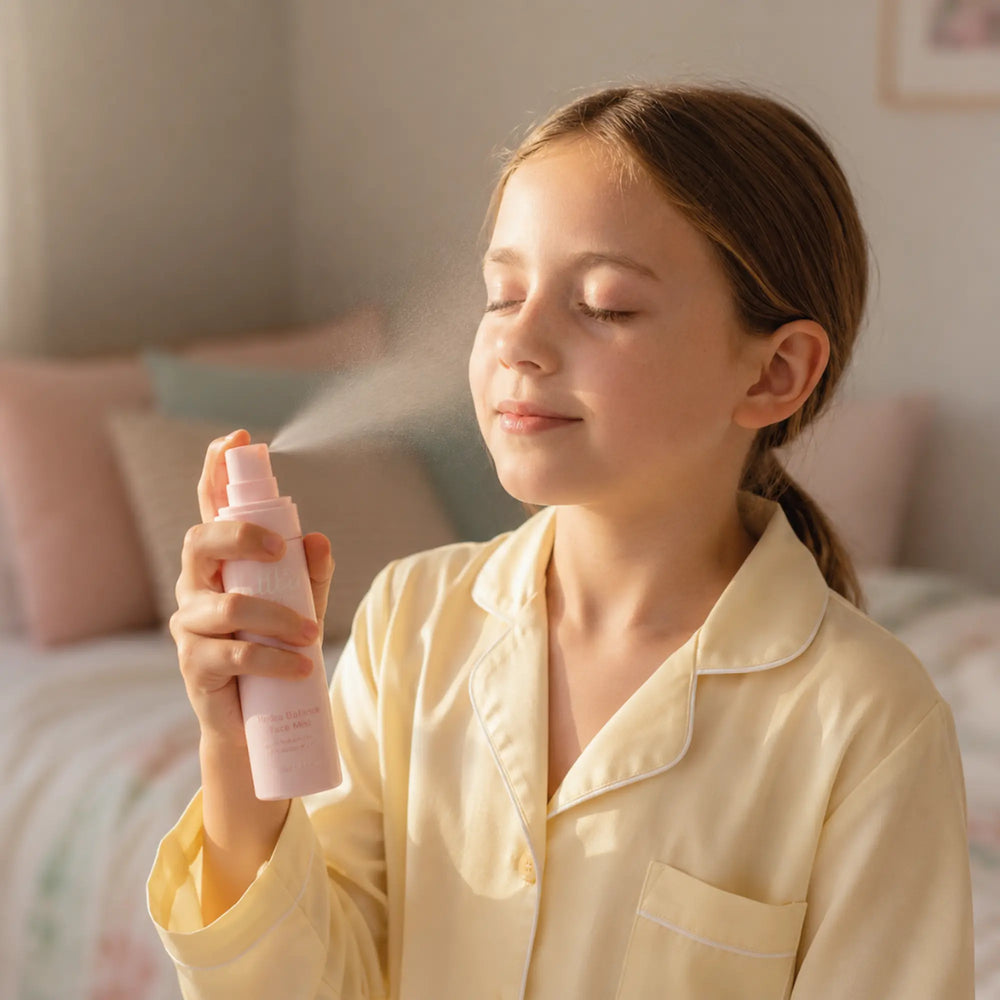 Young girl in yellow pajamas gently sprays Hydra Balance Face Mist on her face, demonstrating Australian made, natural skincare designed for 7 to 14 year olds, promoting good skin habits early.
