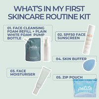 Contents of My First Skincare Routine | Crosses kit displayed: Face Cleansing Foam refill with white foam pump, SPF50 face sunscreen, face moisturiser, skin buffer, and Petite Skin Co. branded zip pouch. Australian made natural skincare for 7 to 14 year old skin. Good Skin Habits Start Early.
