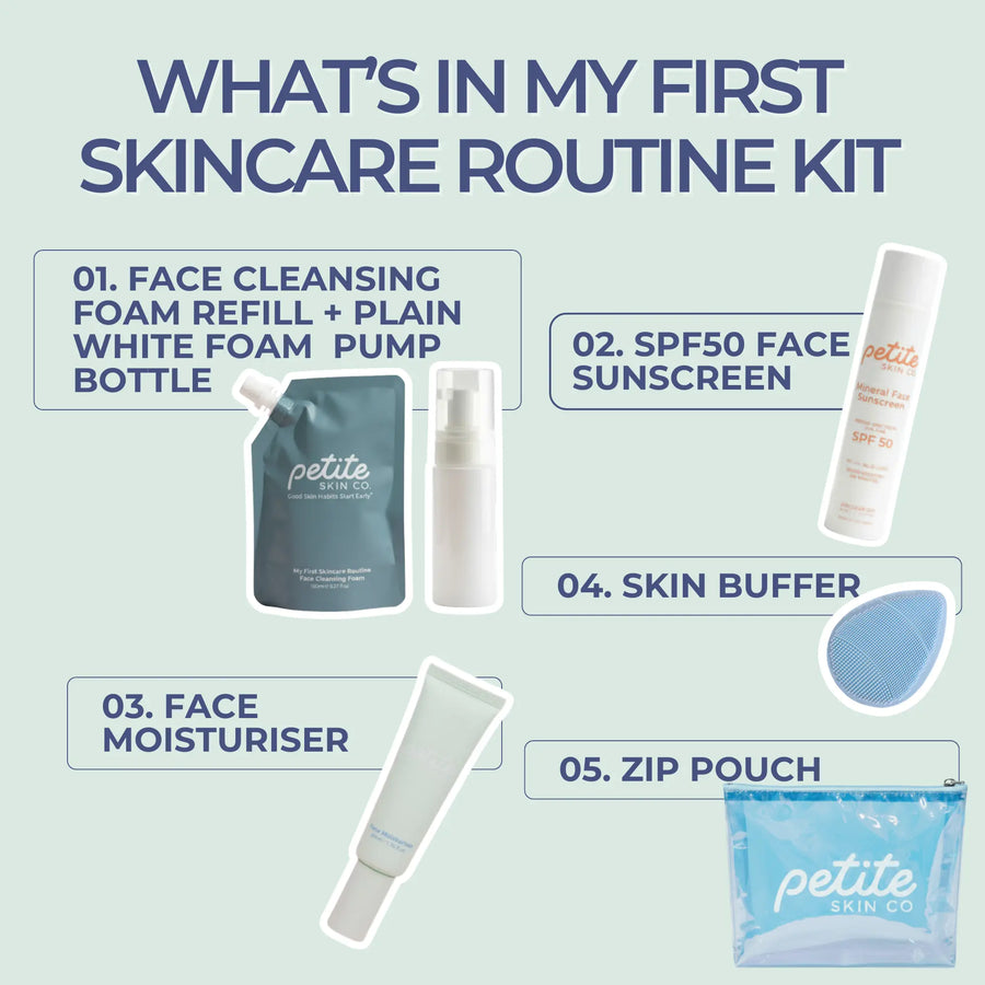 Contents of My First Skincare Routine | Crosses kit displayed: Face Cleansing Foam refill with white foam pump, SPF50 face sunscreen, face moisturiser, skin buffer, and Petite Skin Co. branded zip pouch. Australian made natural skincare for 7 to 14 year old skin. Good Skin Habits Start Early.