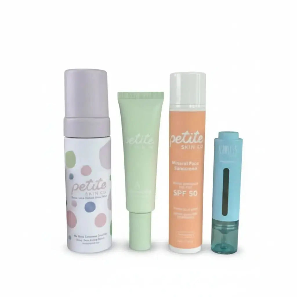 Four skincare products from the brand 'petite' on a white background