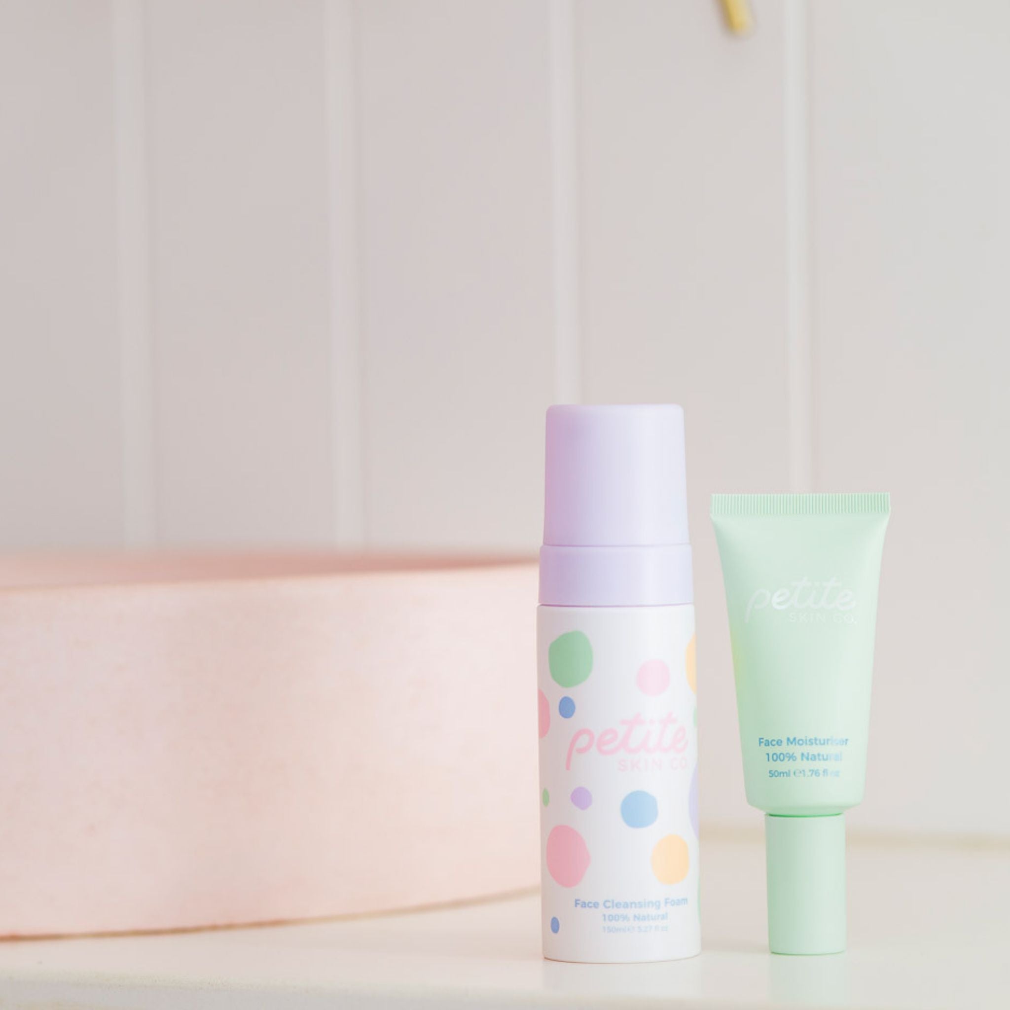 Petite Skin Co. Face Cleanser and Face Moisturiser in bathroom.