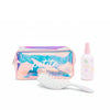 Good Hair Habits Routine featuring an iridescent pink and blue Petite Skin Co. pouch, a white hairbrush, and a spray bottle with pastel polka dots, Australian made natural products for 7 to 14 year olds. Good Skin Habits Start Early.