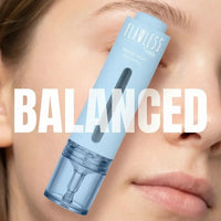 Close-up of a young person's face with a blue blemish serum bottle overlayed, promoting the Clear and Balanced Duo from Petite Skin Co., Australian made for 7 to 14 year olds. Good Skin Habits Start Early.
