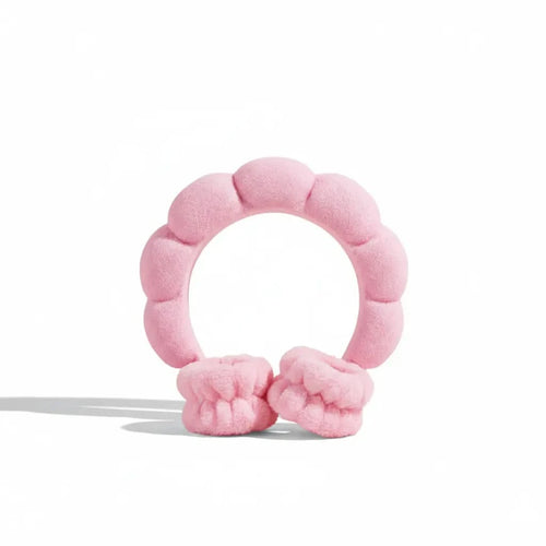 Soft pink bubble headband and matching cuff-style hair bands designed for comfort, ideal for use with the Daily Refresh Set. Australian made, natural, made for the biology of 7 to 14 year old skin. Good Skin Habits Start Early.
