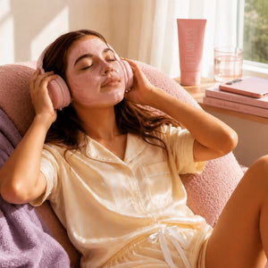 A tween girl relaxes in a pink lounge chair wearing pink headphones and a pink skincare mask, dressed in cream pajamas. A pink tube of 'The Flawless' product sits on a wooden table nearby with a glass of water and books.