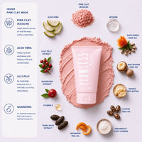 A skincare product flat lay featuring a pink clay mask tube labeled 'FLAWLESS skin' centered over a swirl of pink clay powder, surrounded by ingredient callouts and illustrations on a white background.