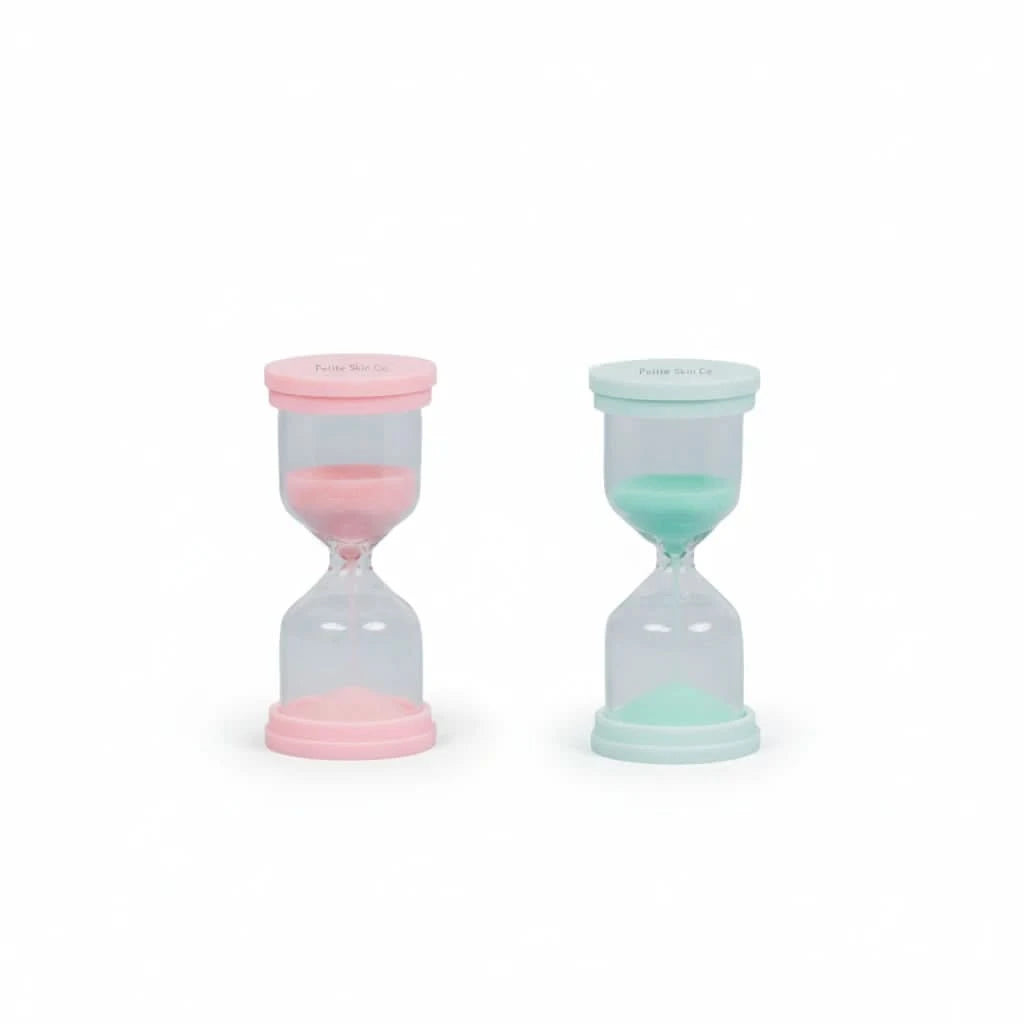 Two 60 Second Skincare Timer hourglasses in pink and mint colors made from sturdy borosilicate glass with sparkly silica, designed to promote good skin habits in children aged 7 to 14.