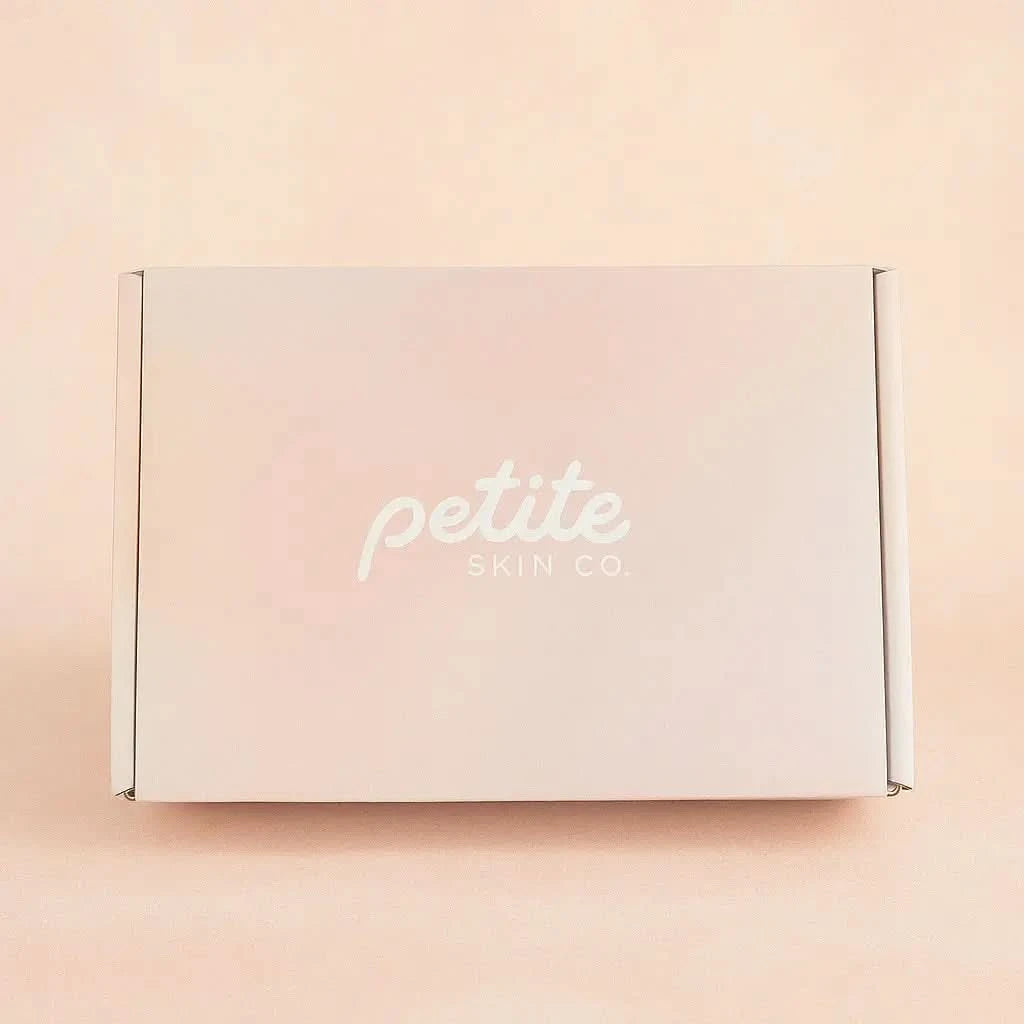 Soft pastel pink box with Petite Skin Co. logo, showcasing the "Is this a Gift?" Australian made skincare set designed for the biology of 7 to 14 year old skin. Good Skin Habits Start Early.