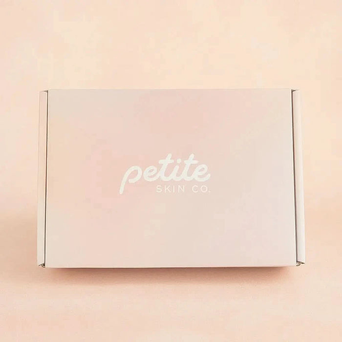 Soft pastel pink box with Petite Skin Co. logo, showcasing the "Is this a Gift?" Australian made skincare set designed for the biology of 7 to 14 year old skin. Good Skin Habits Start Early.