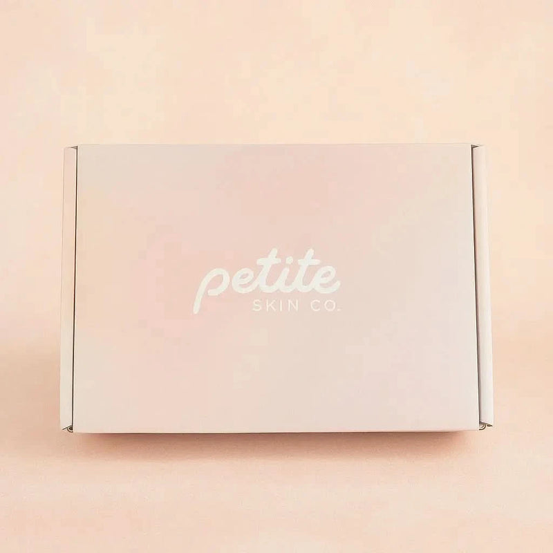 Soft pastel pink box with Petite Skin Co. logo, showcasing the "Is this a Gift?" Australian made skincare set designed for the biology of 7 to 14 year old skin. Good Skin Habits Start Early.