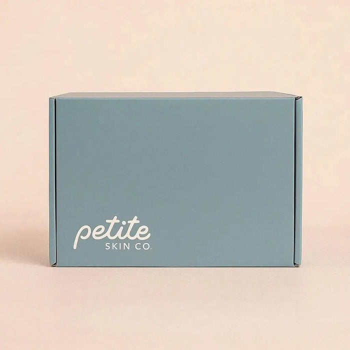 Light teal gift box with Petite Skin Co. logo, representing "Is this a Gift?" Australian made natural skincare for 7 to 14 year olds. Good Skin Habits Start Early.