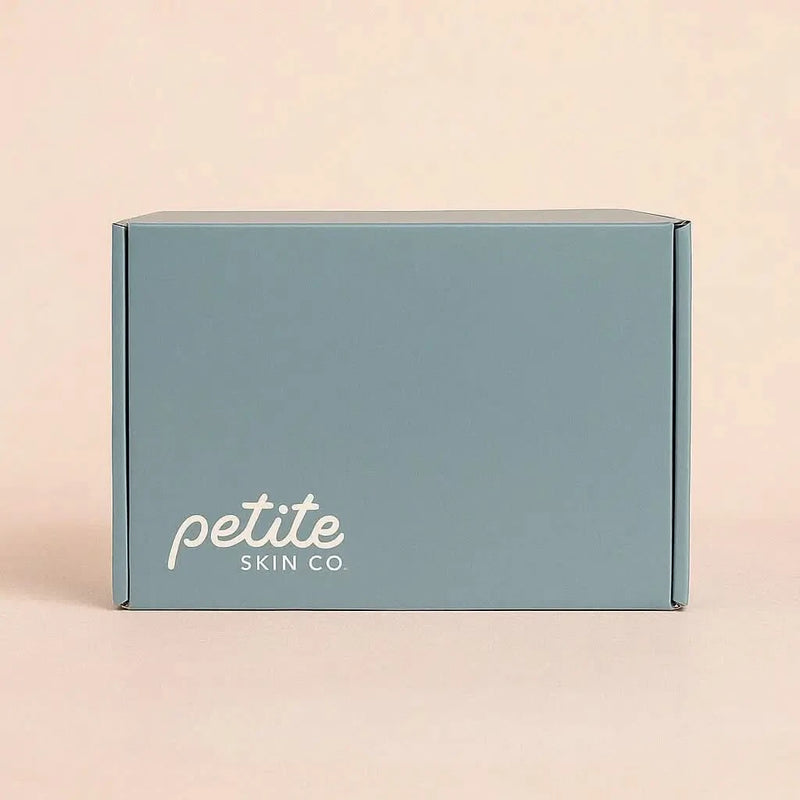 Light teal gift box with Petite Skin Co. logo, representing "Is this a Gift?" Australian made natural skincare for 7 to 14 year olds. Good Skin Habits Start Early.