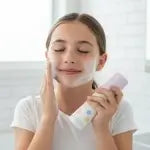 Girl washing face with  petite skin co face cleansing foam