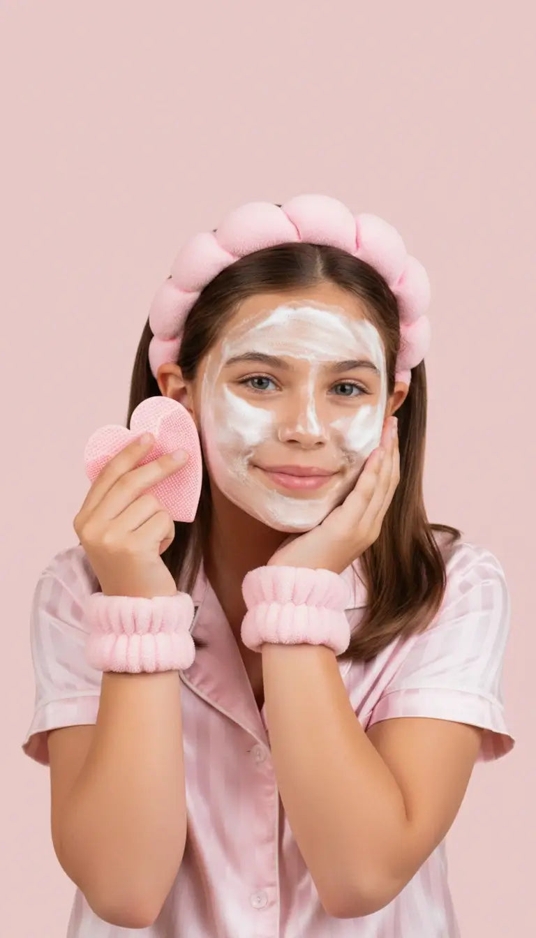 girl wearing pink pyjamas with pink bubble headband holding heart buffer