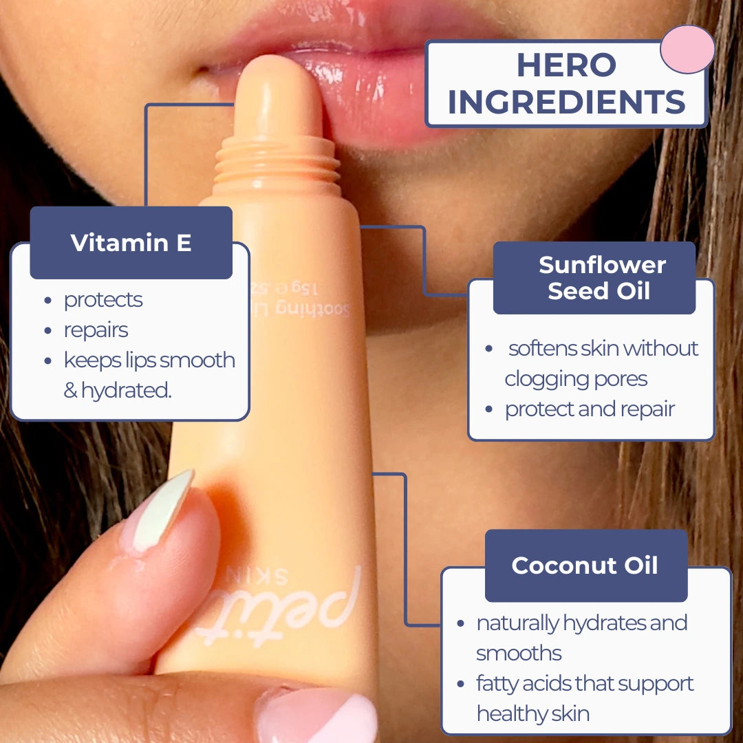 Lip balm with labeled ingredients on a close-up of lips