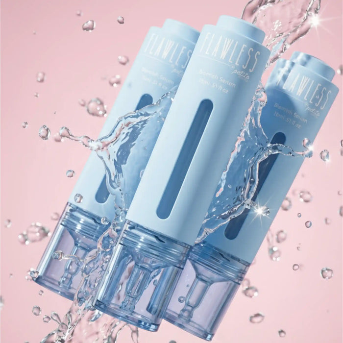 a trio of  blue petite skin co blemish serum surrounded by serum on pink background
